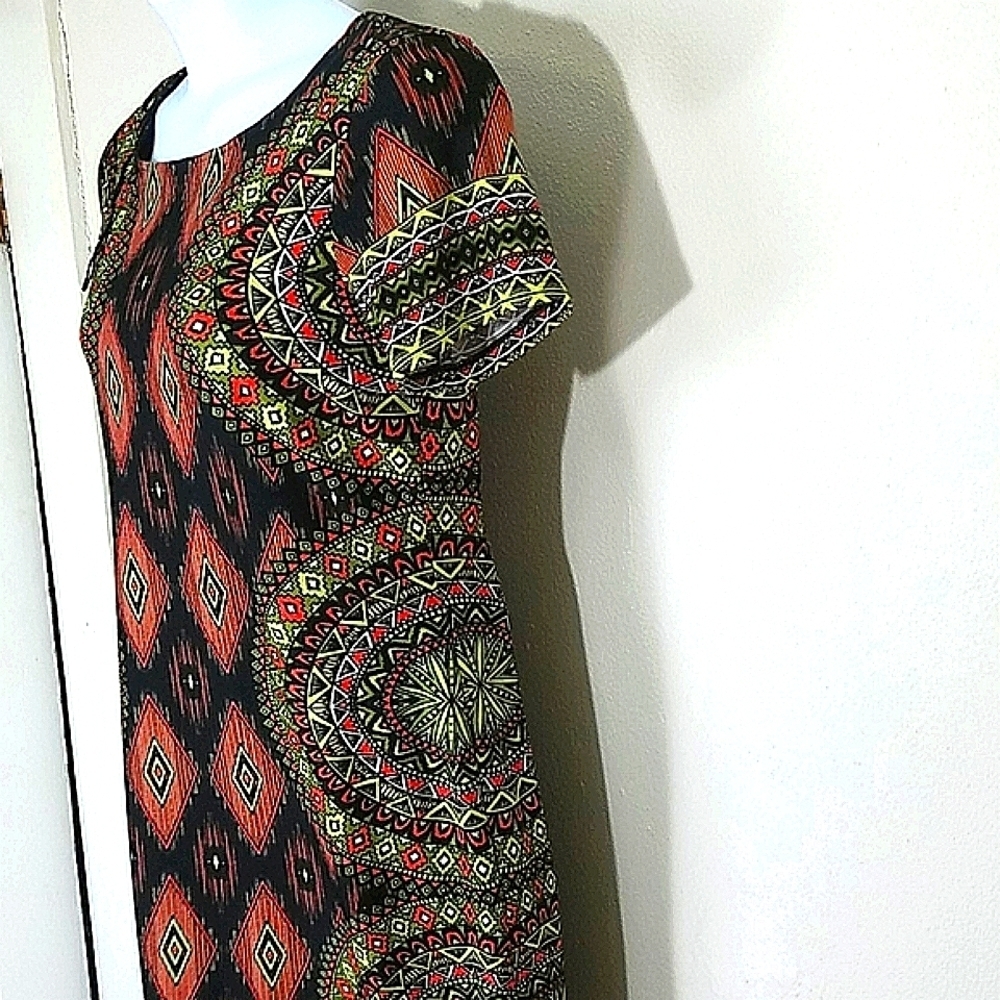 Riley Dress short sleeve Sheath bodycon neon stretch orange yellow black geometr - Picture 7 of 9